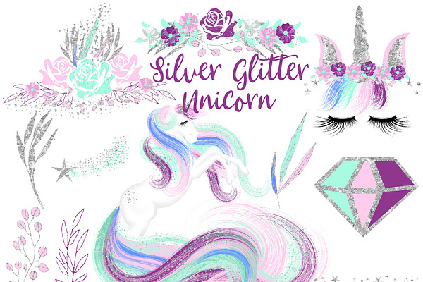 Silver Glitter Unicorn Clipart