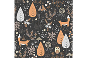 Seamless Pattern with Flowers, Foxes and Mushrooms.