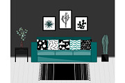 Scandinavian style livingroom interior with black and white carpet, blue sofa with ornamented pillows, home plants, and dark grey wall.