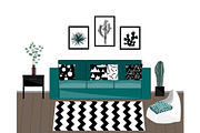 Scandinavian style livingroom interior with black and white carpet, blue sofa with ornamented pillows, home plants, and white wall with pictures.