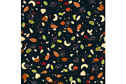 Seamless pattern with dried fruits, nuts, oatmeal, and seeds. Healthy and eco food, granola background. Vector illustartion