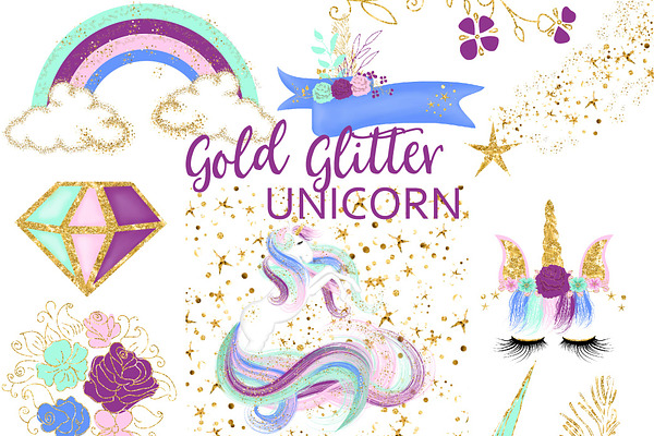 Gold Glitter Unicorn Clipart