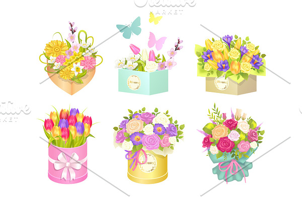 Boxes Bouquets and Butterflies Vector Illustration