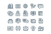 Communication. Social media. Online chatting. Phone call, app messenger. Mobile,smartphone. Computing.Email. Thin line black web icon set. Outline icons collection. Vector illustration.