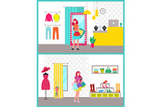 Women Shopping Posters Set Vector Illustration