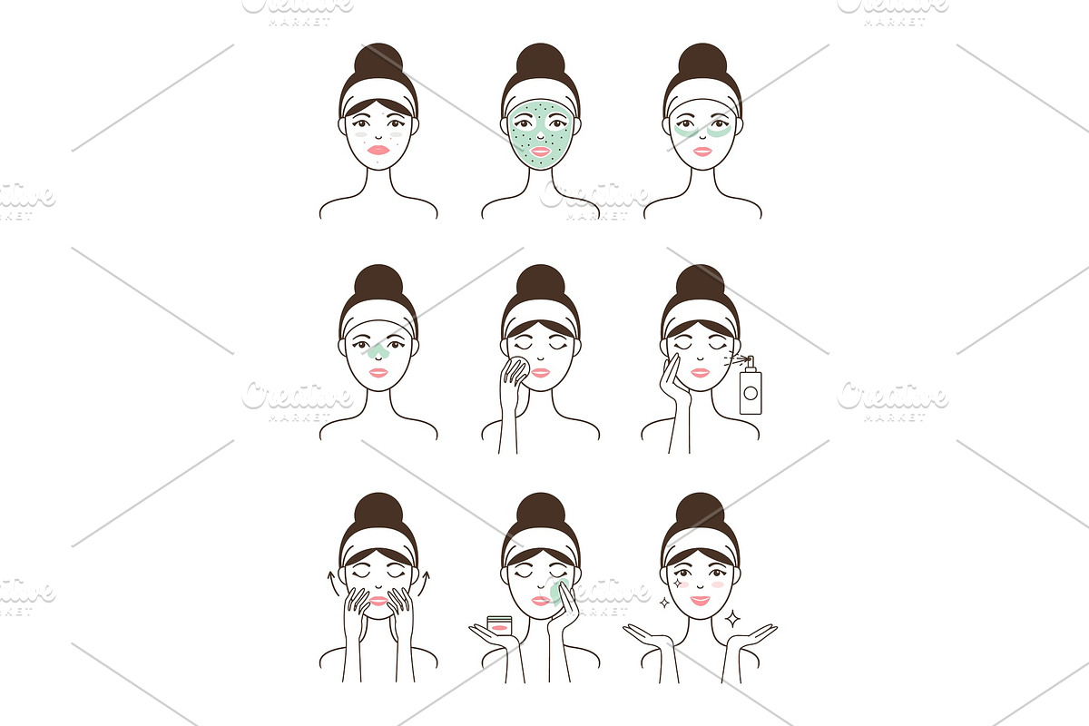 Skin Care Procedure All Stages on Female Model in Illustrations - product preview 8