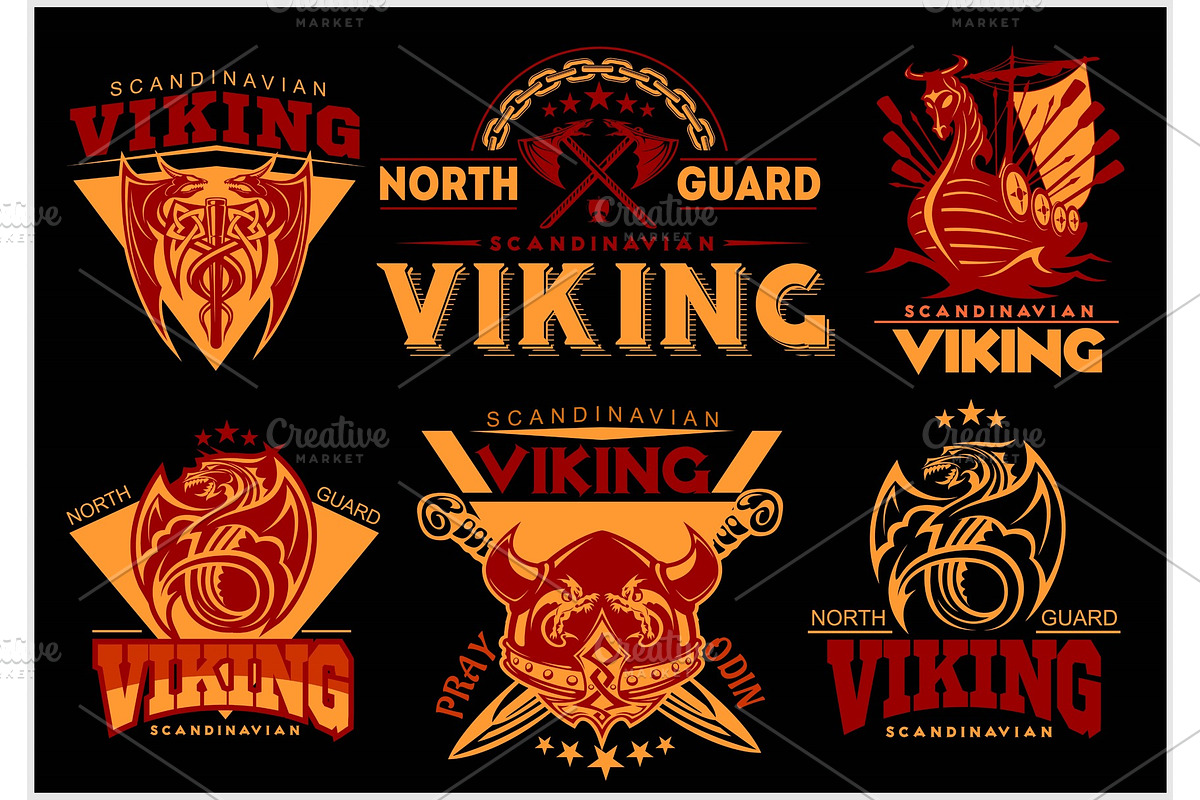 Vintage viking emblems set with scandinavian elements on dark background in Illustrations - product preview 8