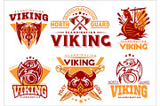 Vintage viking emblems set with scandinavian elements on white background