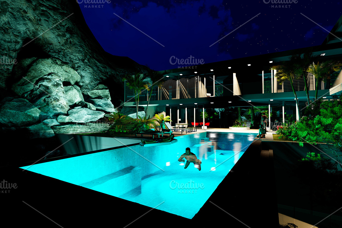 3D render swim in the pool at night in Illustrations - product preview 8