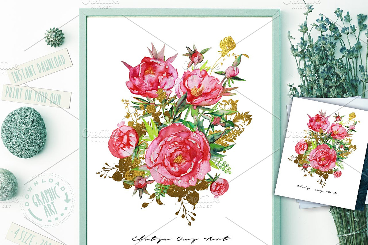 Bouquet Watercolor Peony Prints  in Illustrations - product preview 8