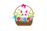 Cute bunny in flower basket. Rabbit