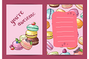Vector birthday card template with colored hand drawn macaroons