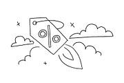 Outline sketch by hand draft. Launch a discount label flight in the sky drawing. Sale in the store. Hand drawn black line vector illustration.