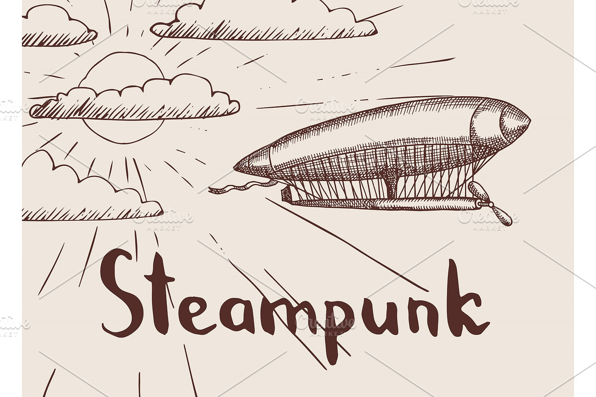 Vector background with steampunk hand drawn airship in Graphics - product preview 8