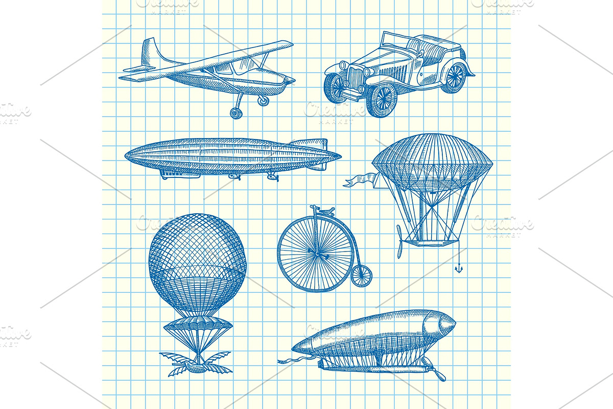 Vector set of steampunk hand drawn dirigibles, bicycles and cars in Graphics - product preview 8