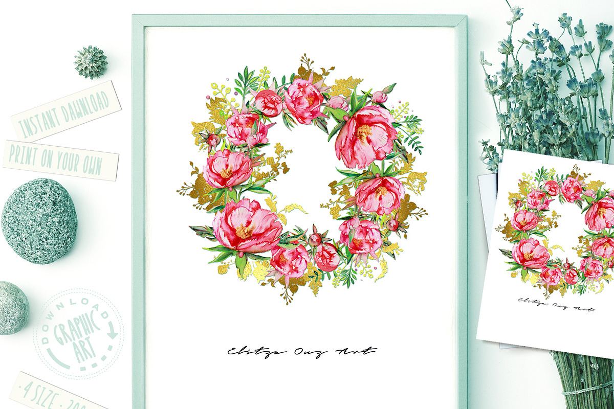 Red Peony Wreath Watercolor Print in Illustrations - product preview 8