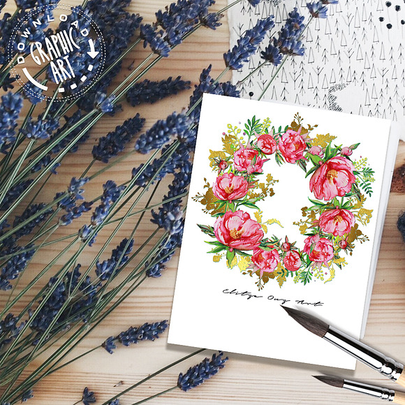 Red Peony Wreath Watercolor Print in Illustrations - product preview 1