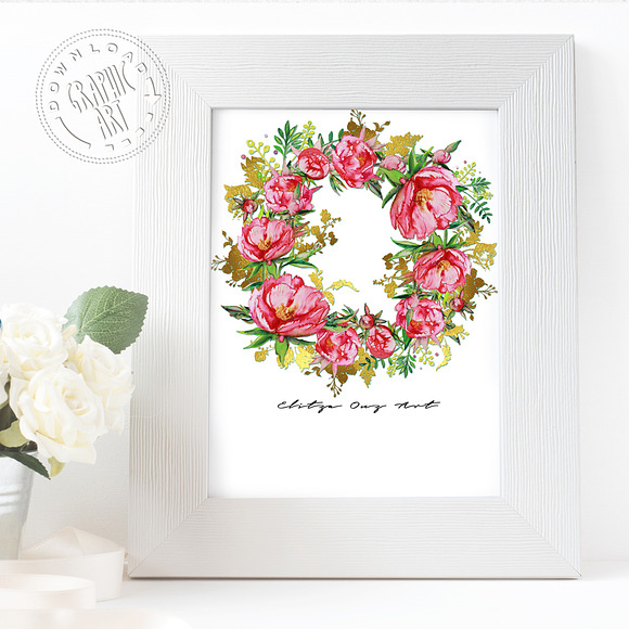 Red Peony Wreath Watercolor Print in Illustrations - product preview 2