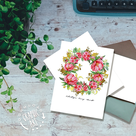 Red Peony Wreath Watercolor Print in Illustrations - product preview 3
