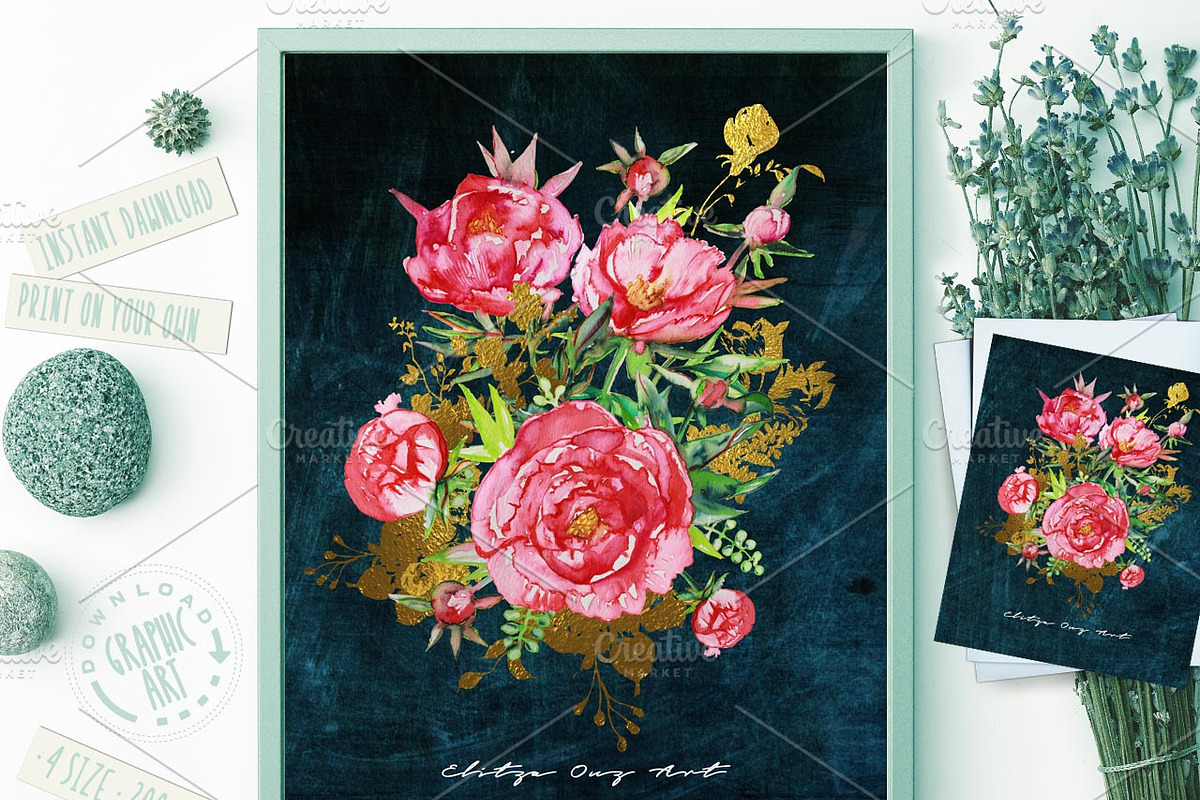 Bouquet Watercolor Peony Prints in Illustrations - product preview 8