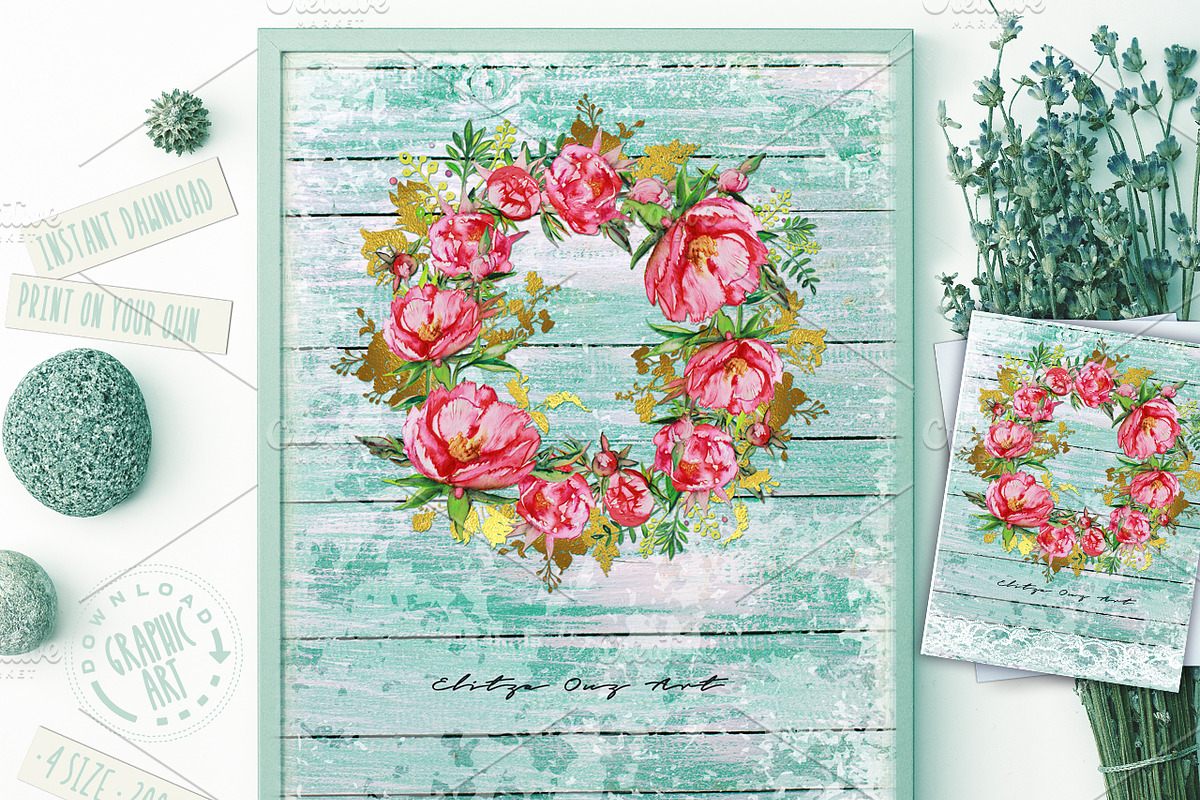 Peony Wreath Watercolor Print in Illustrations - product preview 8