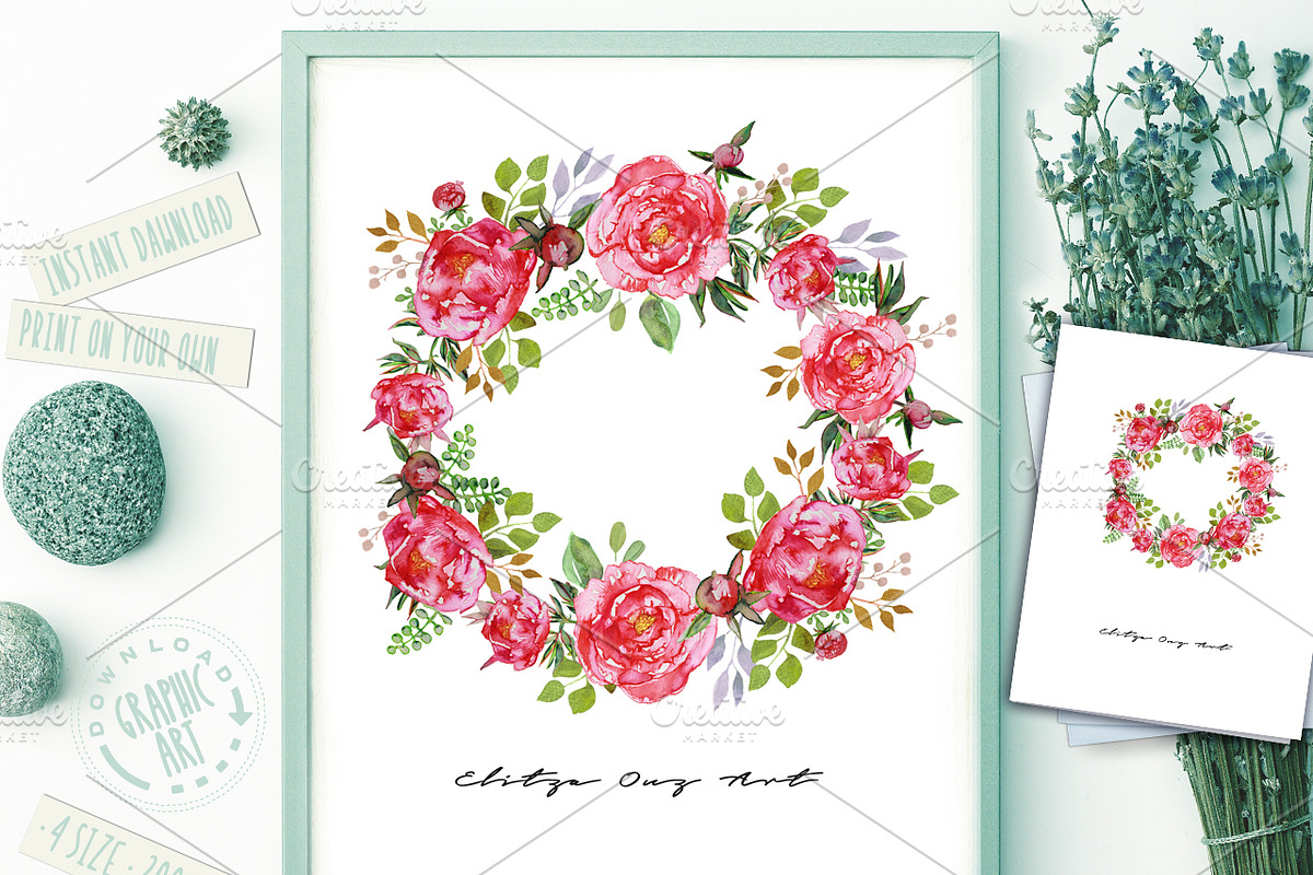 Peony Wreath Romantic Print in Illustrations - product preview 8
