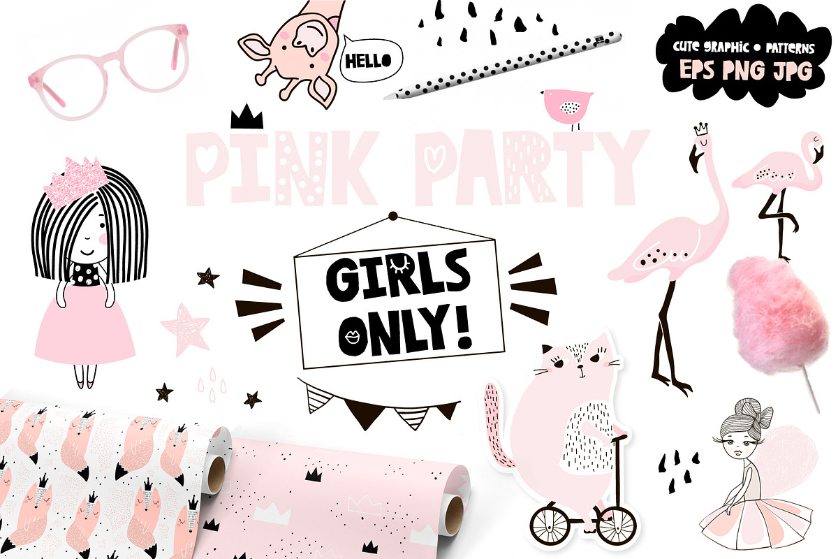 PINK party. GIRLS ONLY!graphic set in Illustrations - product preview 8