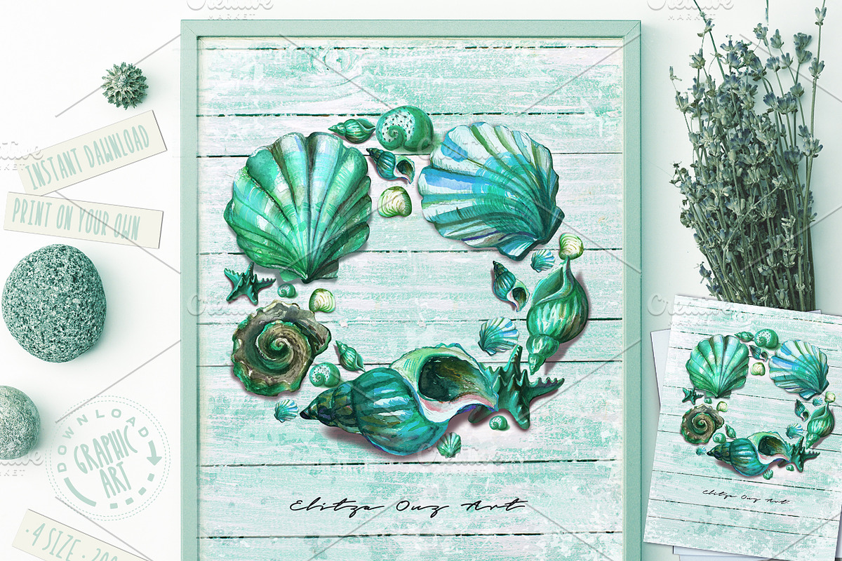 Seashell Wreath Printable Wall Art in Illustrations - product preview 8