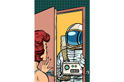 Astronaut came to visit a woman, the door was opened