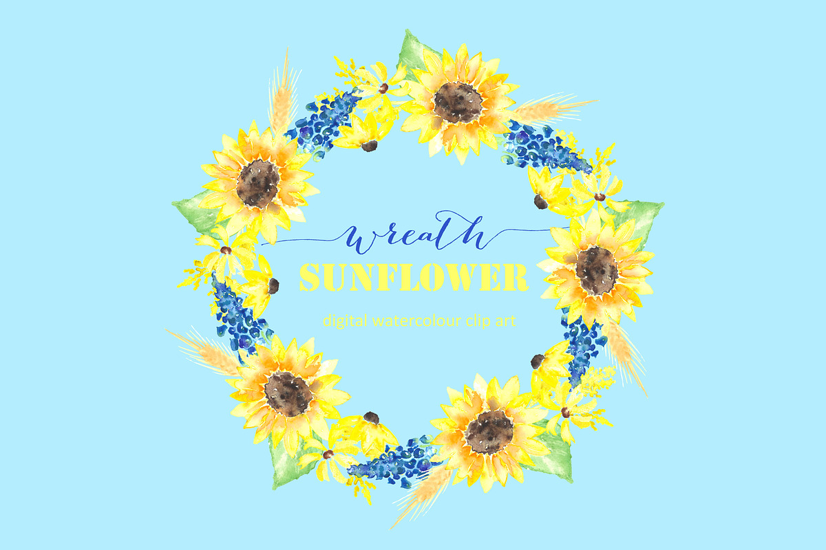 Sunflower wreath watercolor clipart in Graphics - product preview 8
