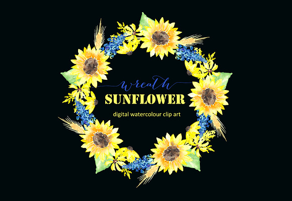 Sunflower wreath watercolor clipart in Graphics - product preview 1