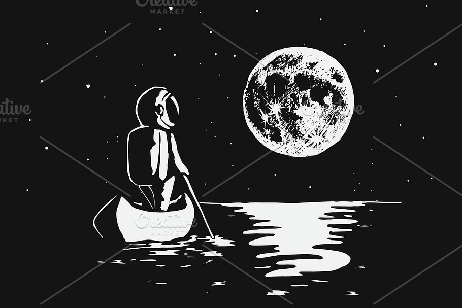 astronaut swims by boat to the moon in Illustrations - product preview 8