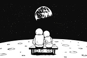 Astronaut girl and boy sits on bench