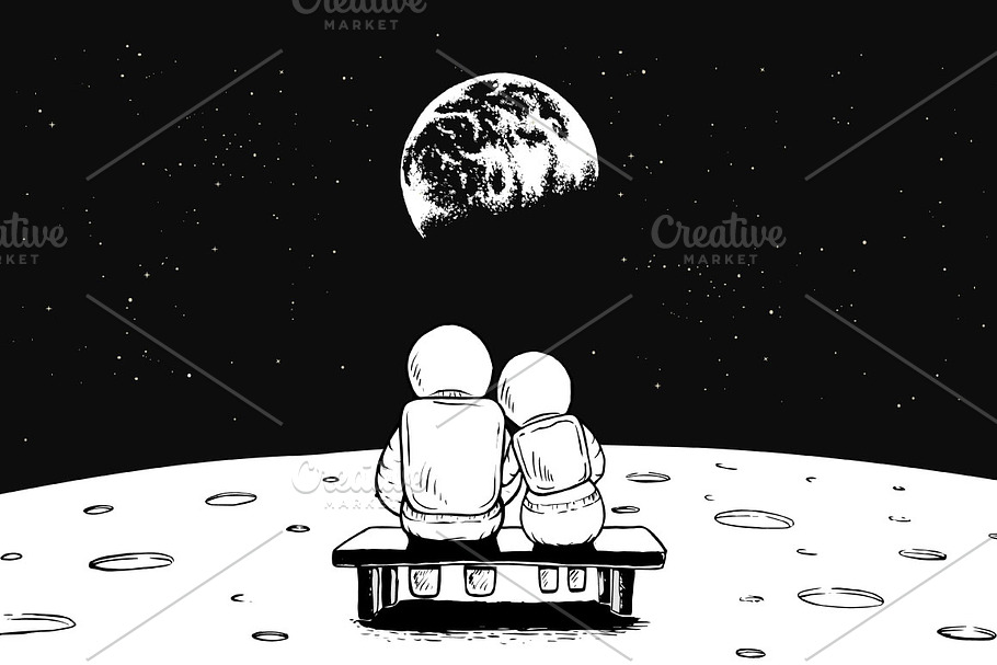 Astronaut girl and boy sits on bench in Illustrations - product preview 8