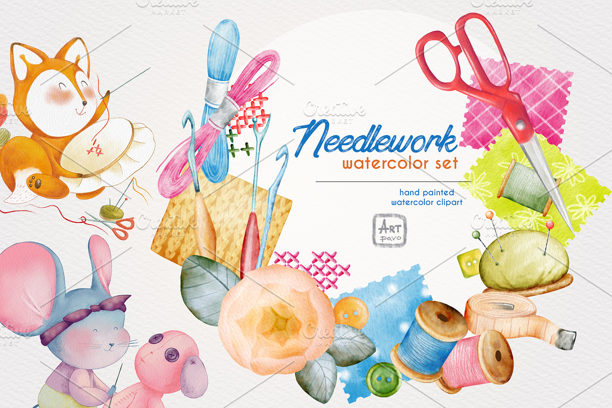 Needlework watercolor set in Illustrations - product preview 8