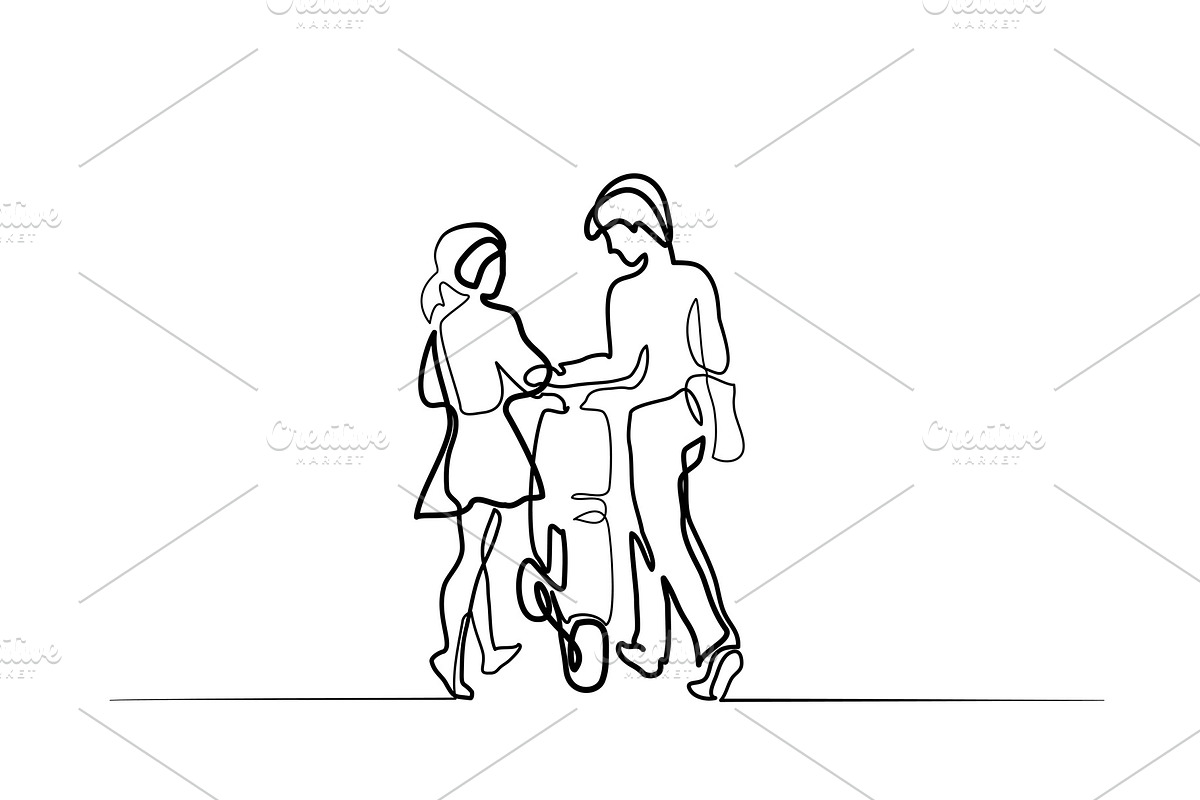 Happy couple walking with scooter in Illustrations - product preview 8