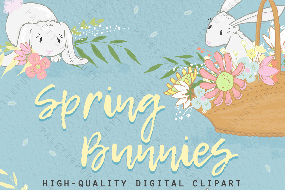 Cute bunnies and flowers clip art in Graphics - product preview 8