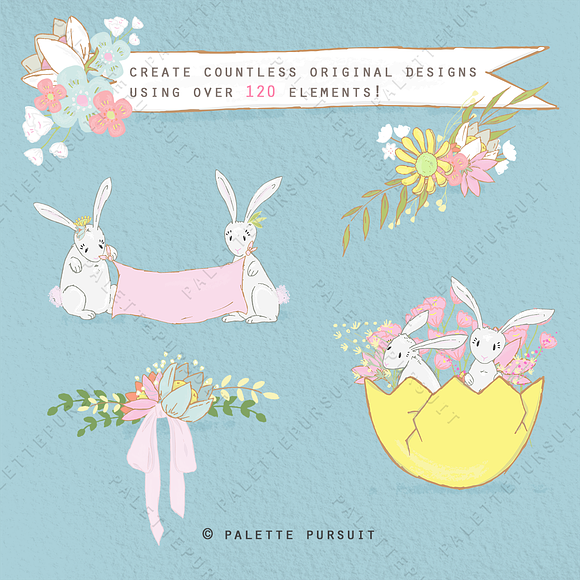 Cute bunnies and flowers clip art in Graphics - product preview 1
