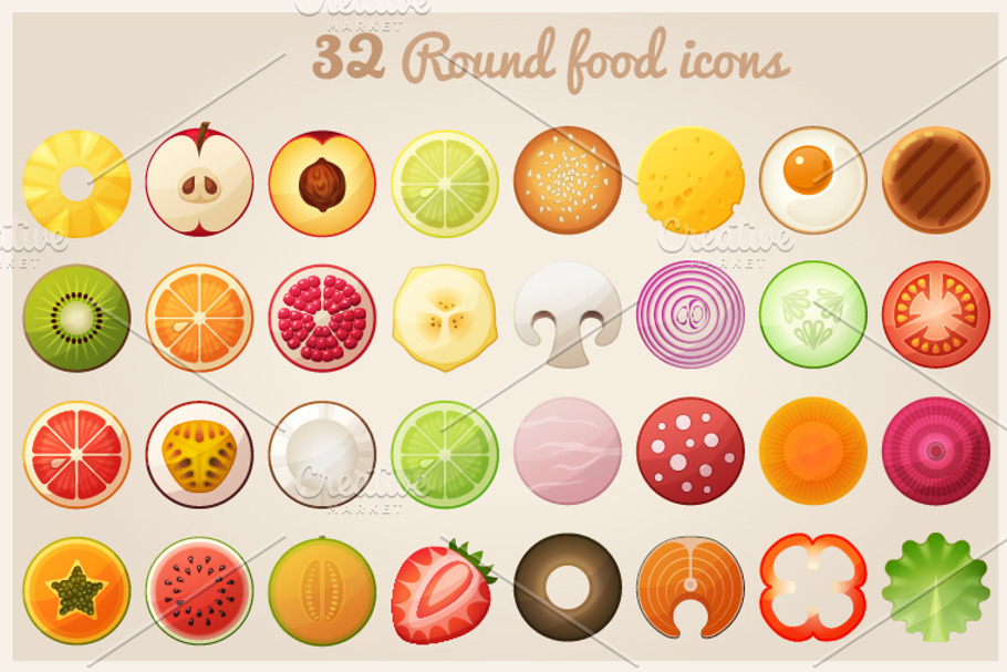 Fruit halves and round food icons in Graphics - product preview 8