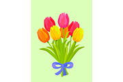 Bouquet of Colorful Tulips Bound with Blue Ribbon