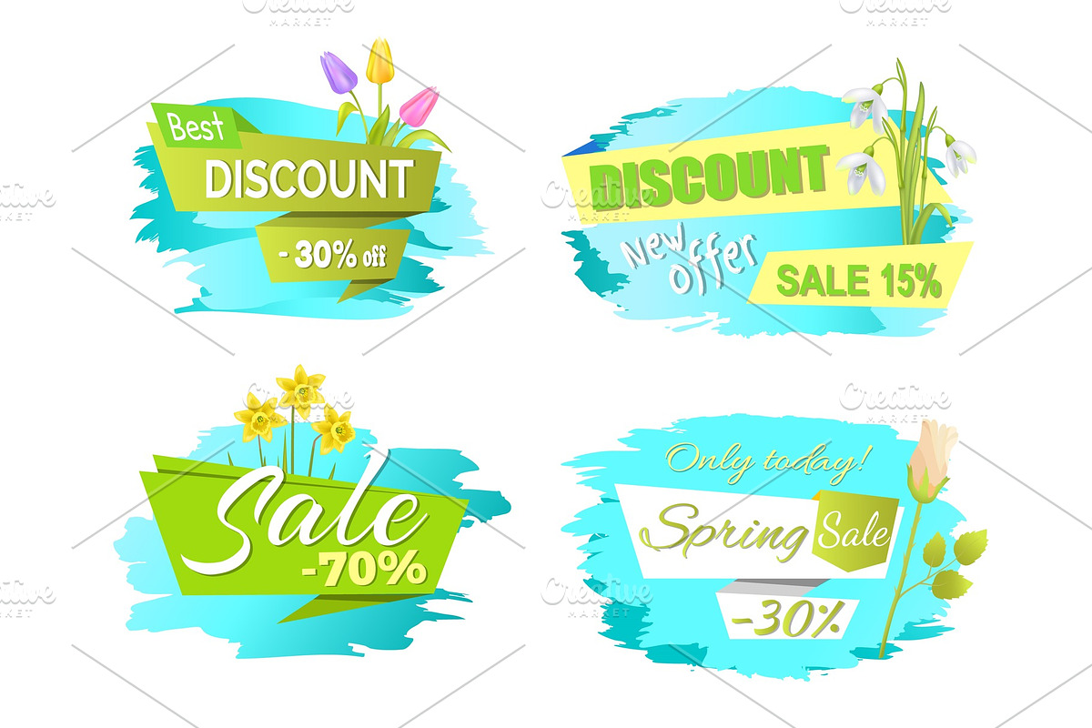 Discounts Spring Sale Labels Tulip Flowers, Promo in Illustrations - product preview 8