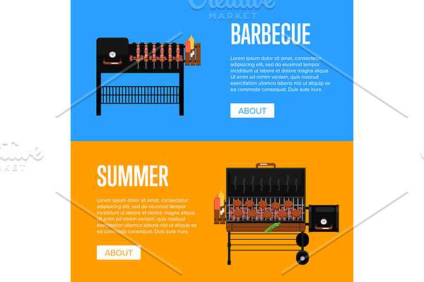 Summer barbecue party flyers with meats on grill