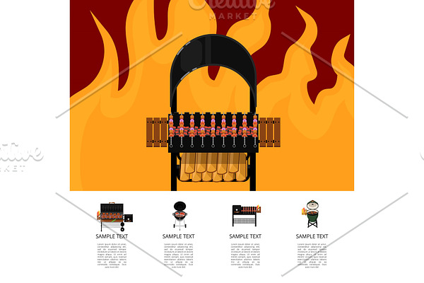 Barbecue food poster with meat skewers on grill