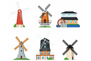 Traditional old windmill buildings on white set