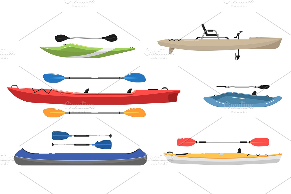 Side view kayaks with paddles set in Illustrations - product preview 8