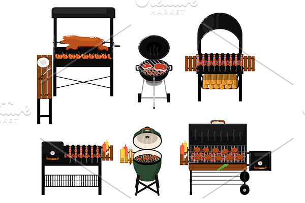 Barbecue grill with food isolated set