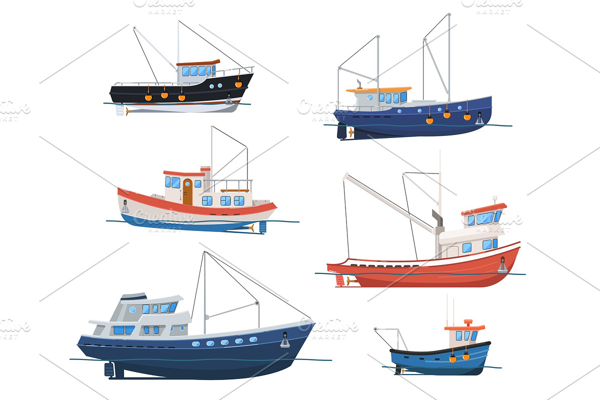 Fishing boats side view on white background in Illustrations - product preview 8