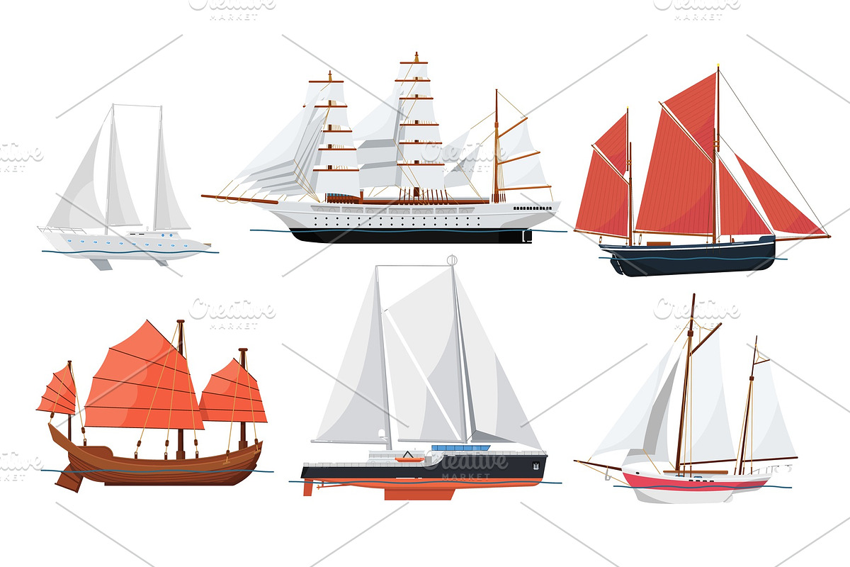 Sea sailboats side view on white background in Illustrations - product preview 8