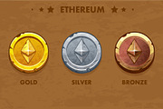 Isolated Gold, silver and bronze ethereum old coins. Digital or Virtual cryptocurrency. coin and electronic cash