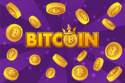 LOGO BITCOIN and gold coins on violet background, cryptocurrency explosion